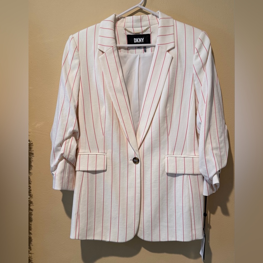 DKNY White and Pink Striped Blazer